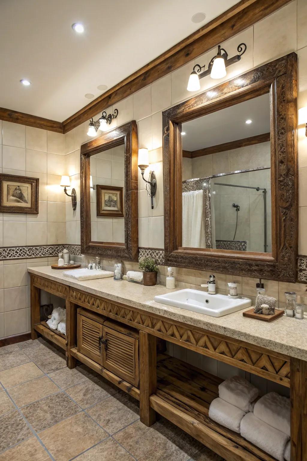 Extra-large mirrors enhance space and light in this countryside bathroom.