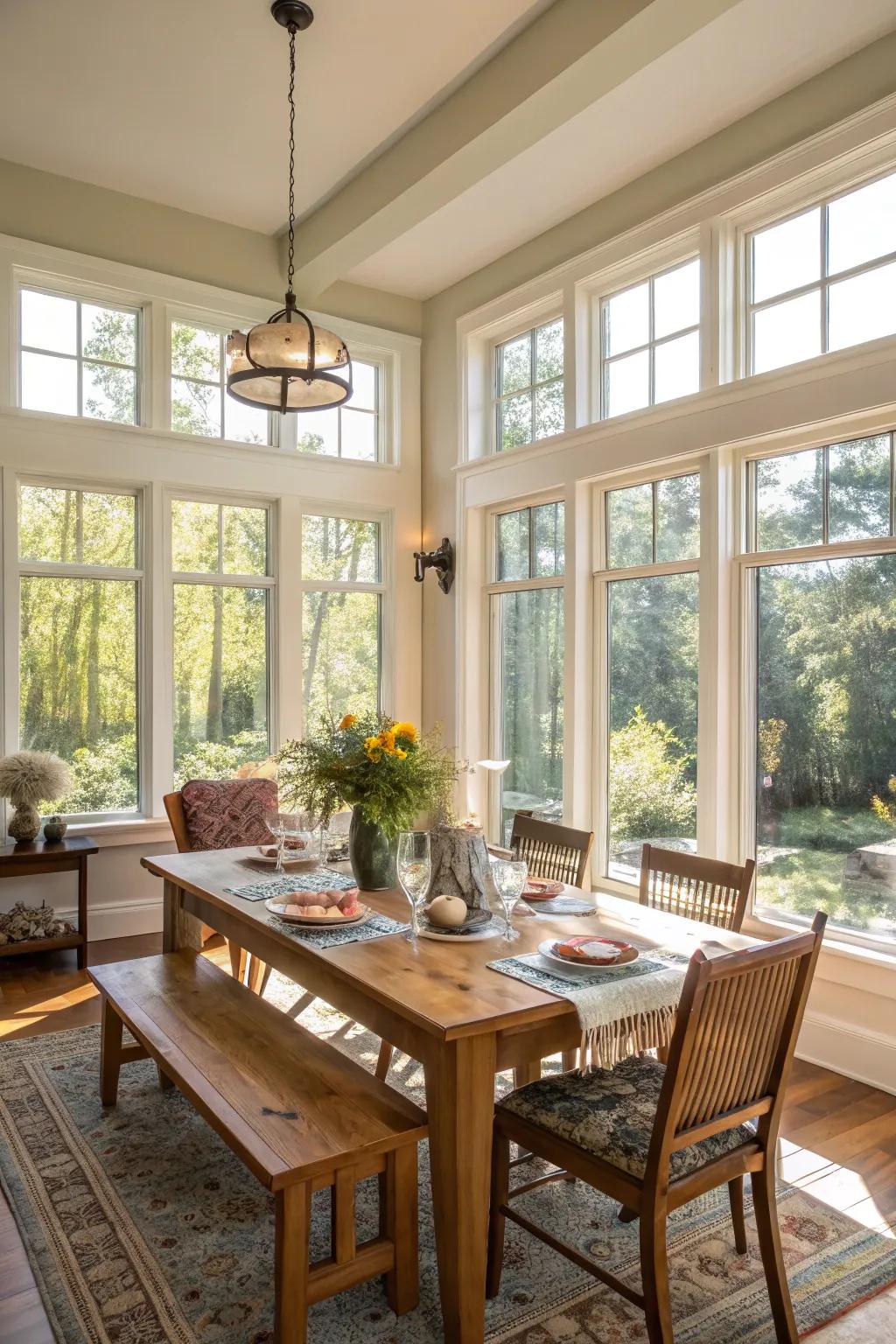 Natural light enhances the spaciousness of a country dining space.
