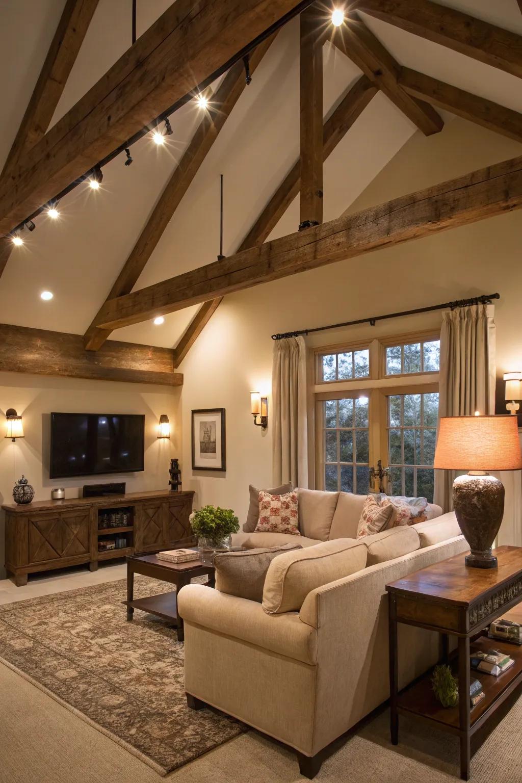 Lighting showcases the rustic allure of exposed beams.