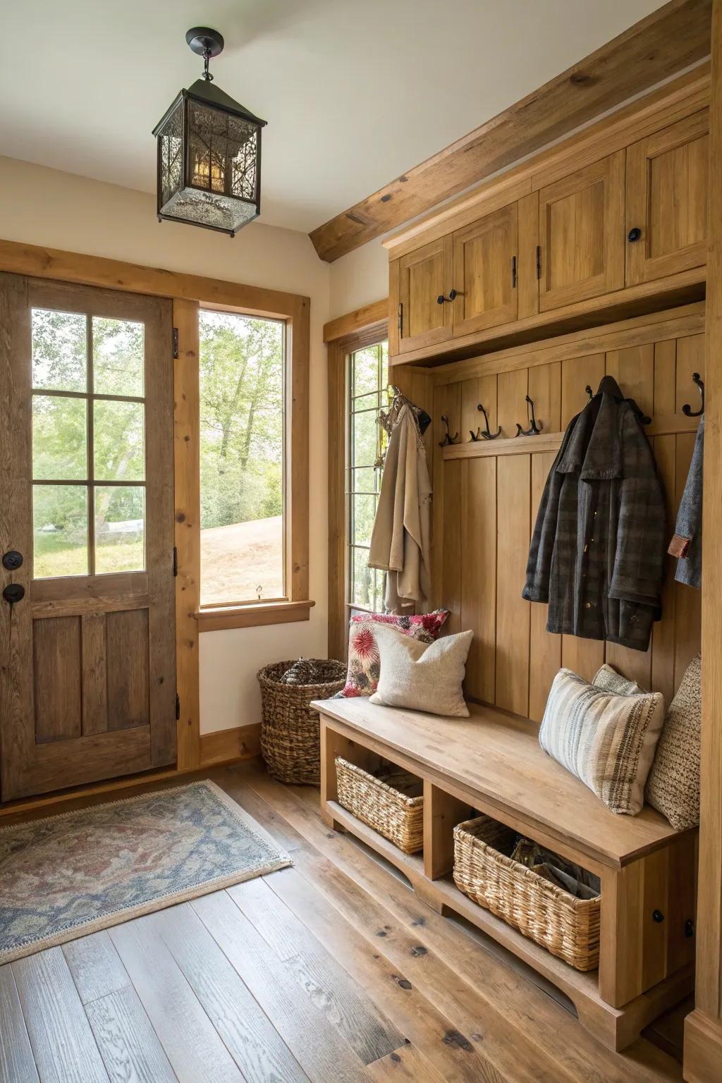 Mudroom featuring warm timber features and cozy ambiance.