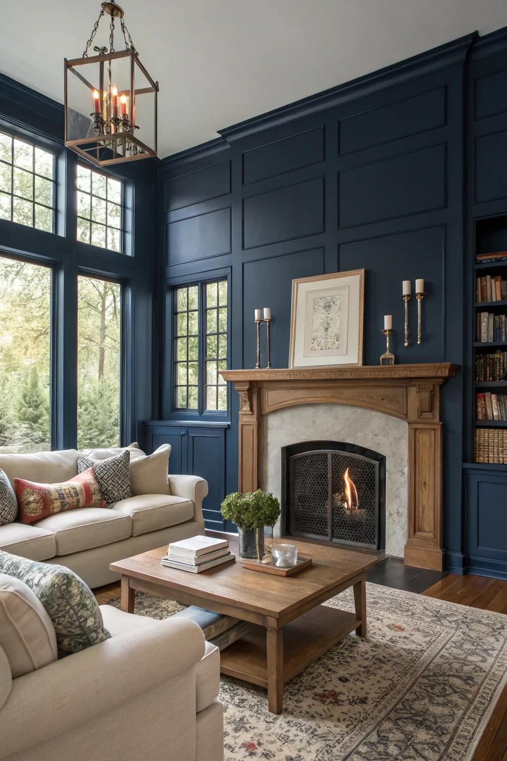 Dark hues introduce drama and coziness to your fireplace wall.