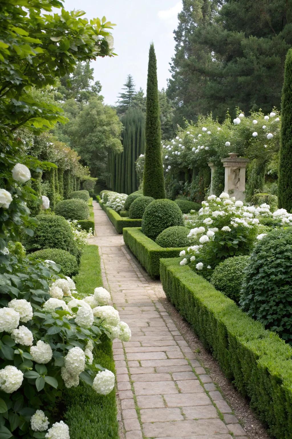 A balanced color palette of greenery and white flowers creates a calming atmosphere.