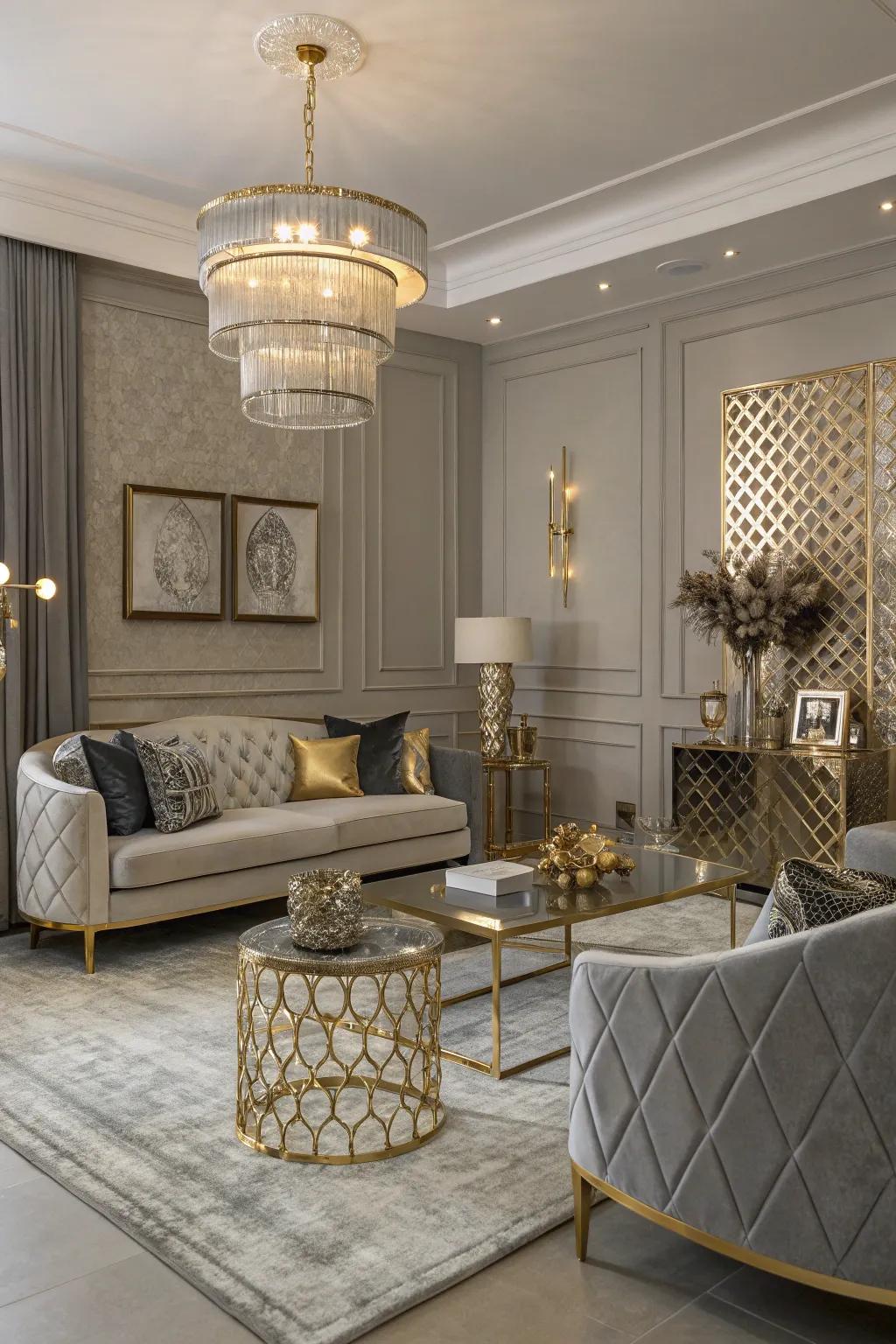Metallic highlights elevate the living room's elegance.