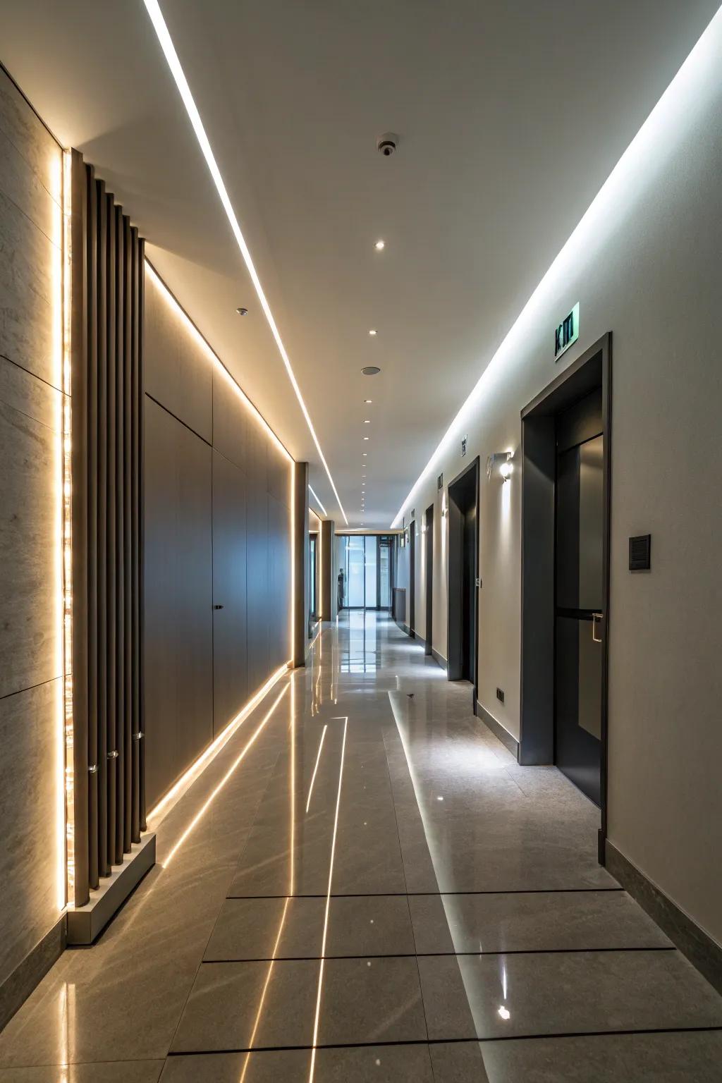 LED strip lighting offers a modern and atmospheric hallway vibe.