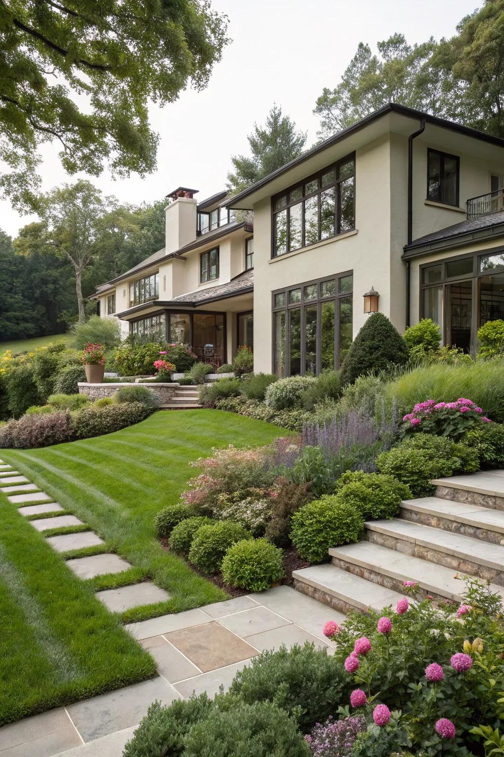 A modern house featuring thoughtfully integrated landscaping.