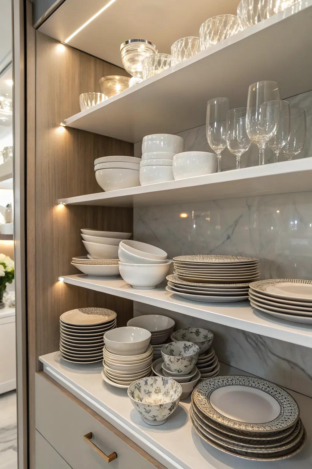 Finely displayed tableware enhances the hutch's practicality and charm.