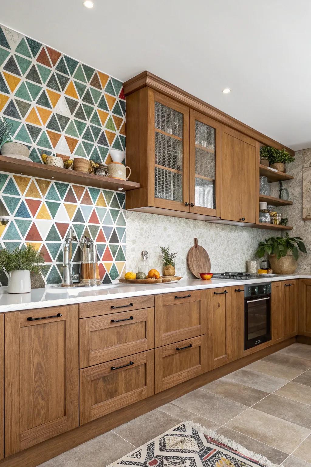 A modern backsplash infuses character and dimension into kitchens featuring oak.