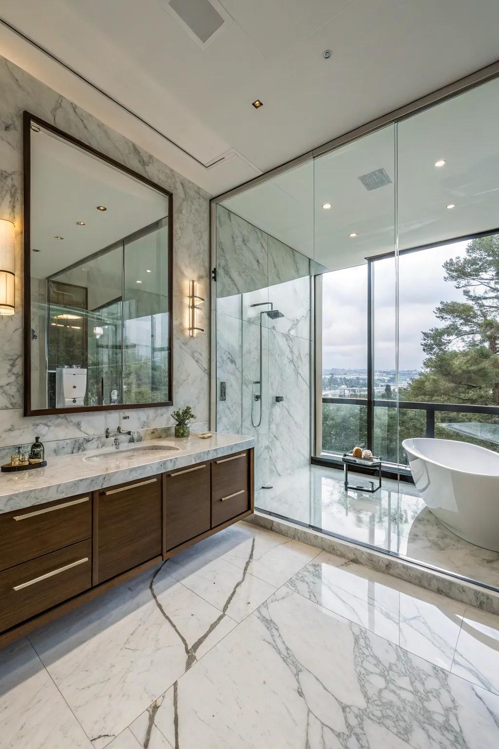 Luxurious materials elevate the design of this bathroom.