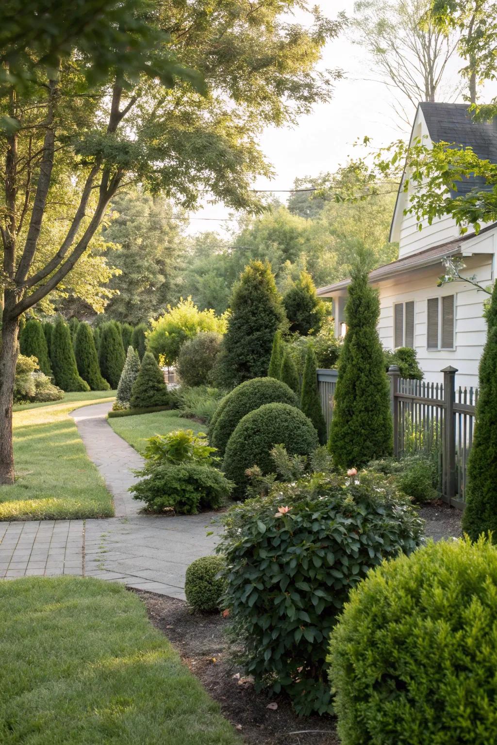Evergreen plants in a front yard providing continuous foliage and low upkeep.
