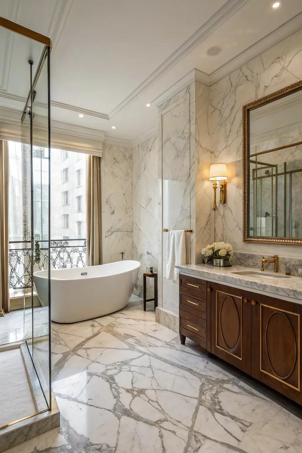 Opulent materials like marble impart sophistication to the bathroom.
