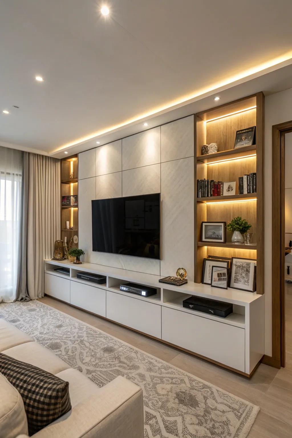 Concealed storage units maintain a media wall free from clutter and exquisitely clean.