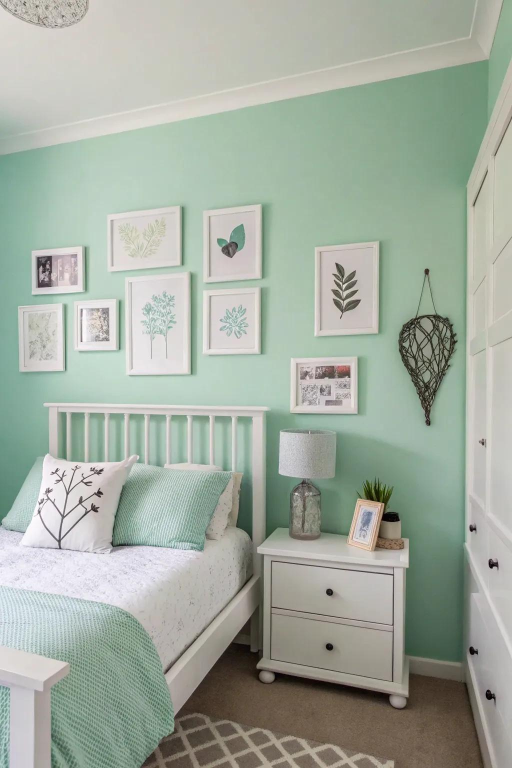 Minimalist art adding elegance to a mint green bedroom.