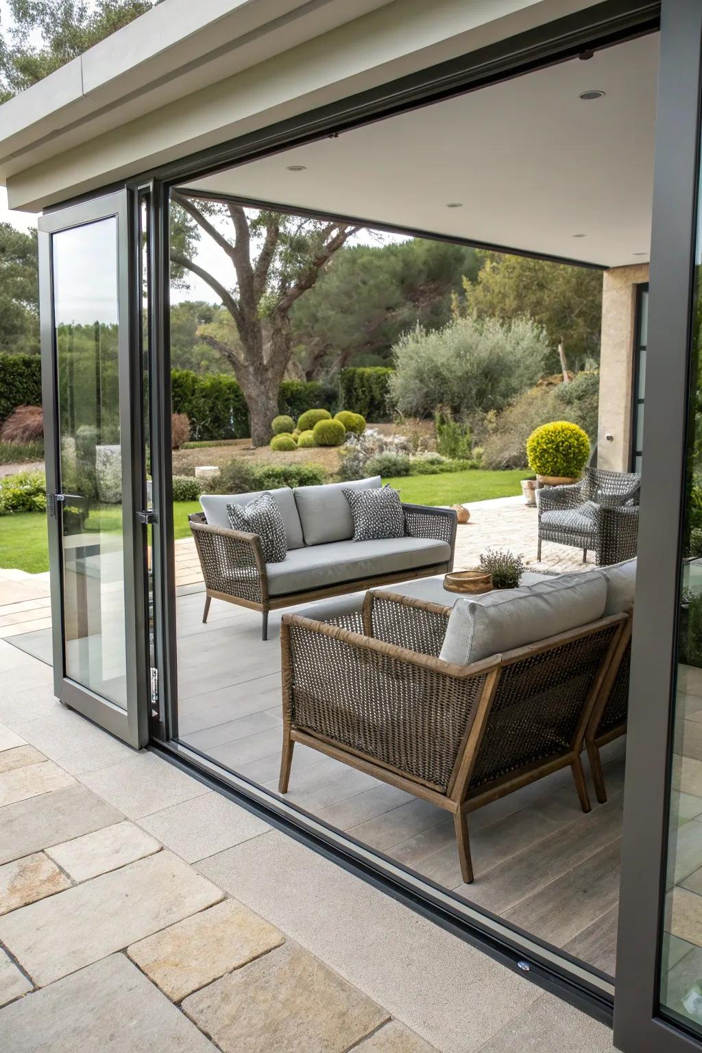 Chic furnishings enhancing the patio's modern vibe.