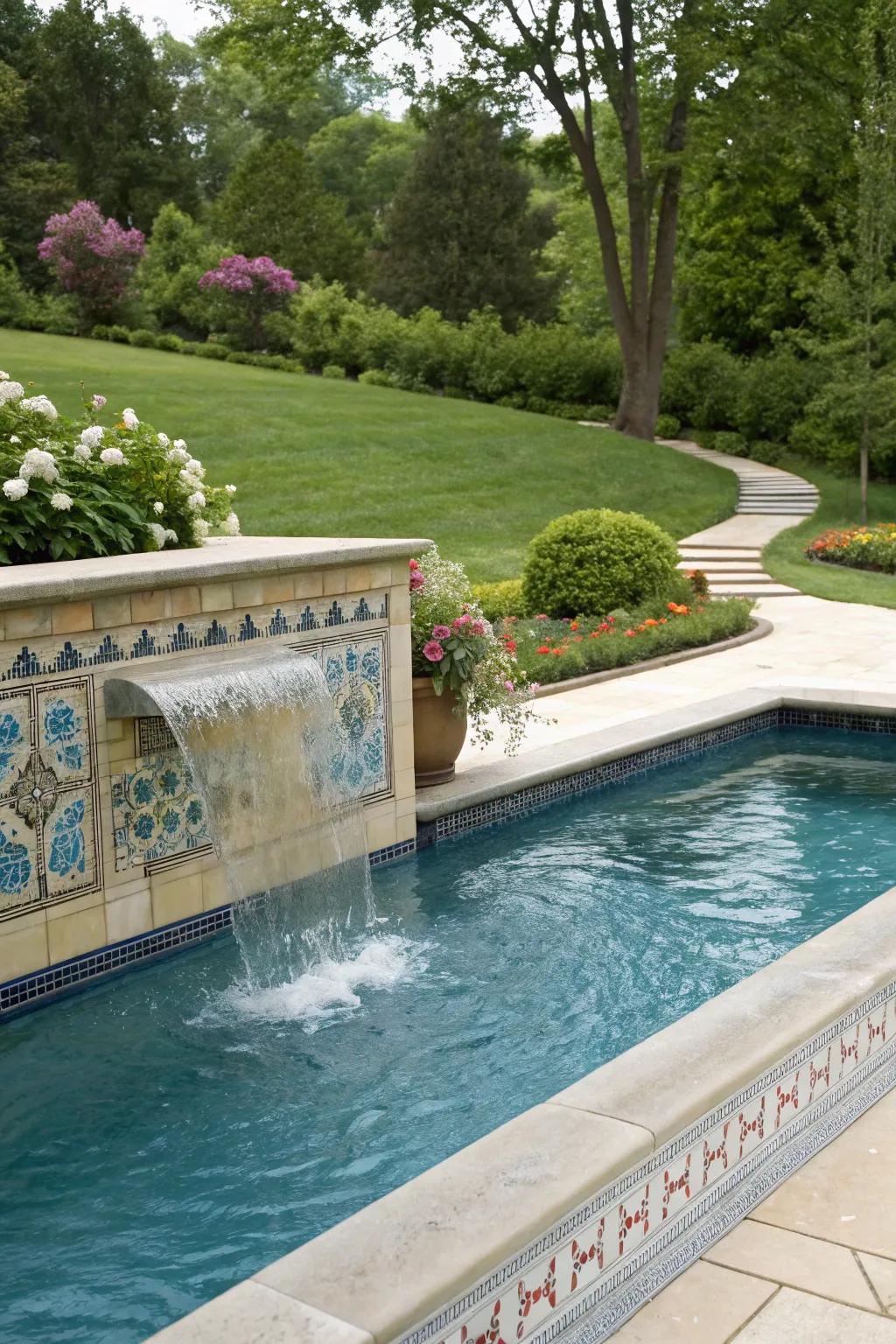 Artistic tiles make water features in your pool look better.