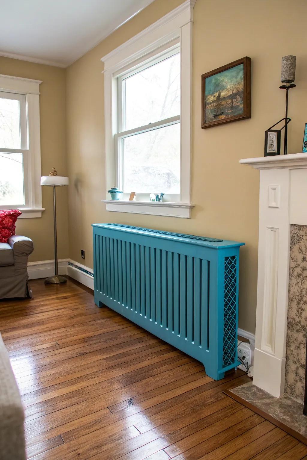 A painted radiator cover that serves as a vibrant focal point.