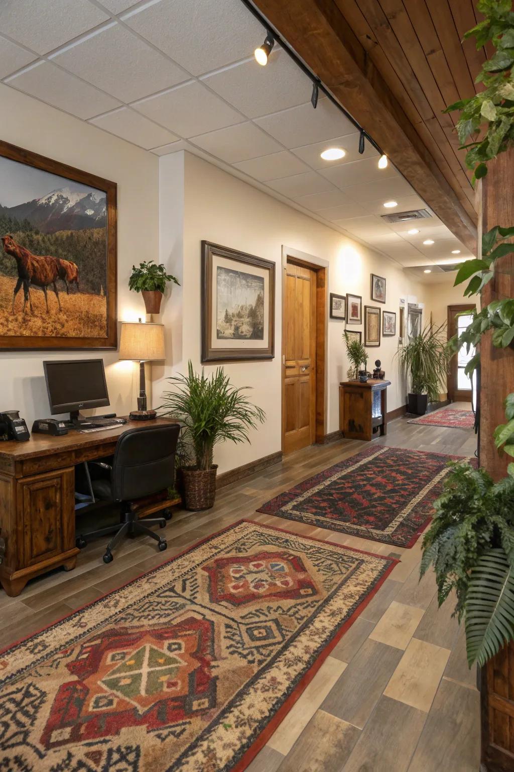 Ornamental details impart personality and warmth to a rustic office.