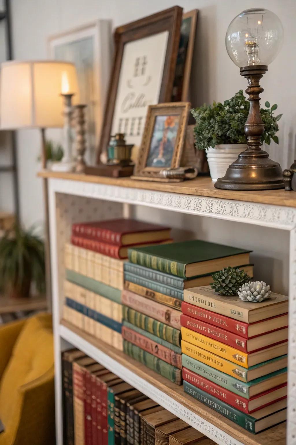 Attain elegance using books arranged in a stacked pattern.