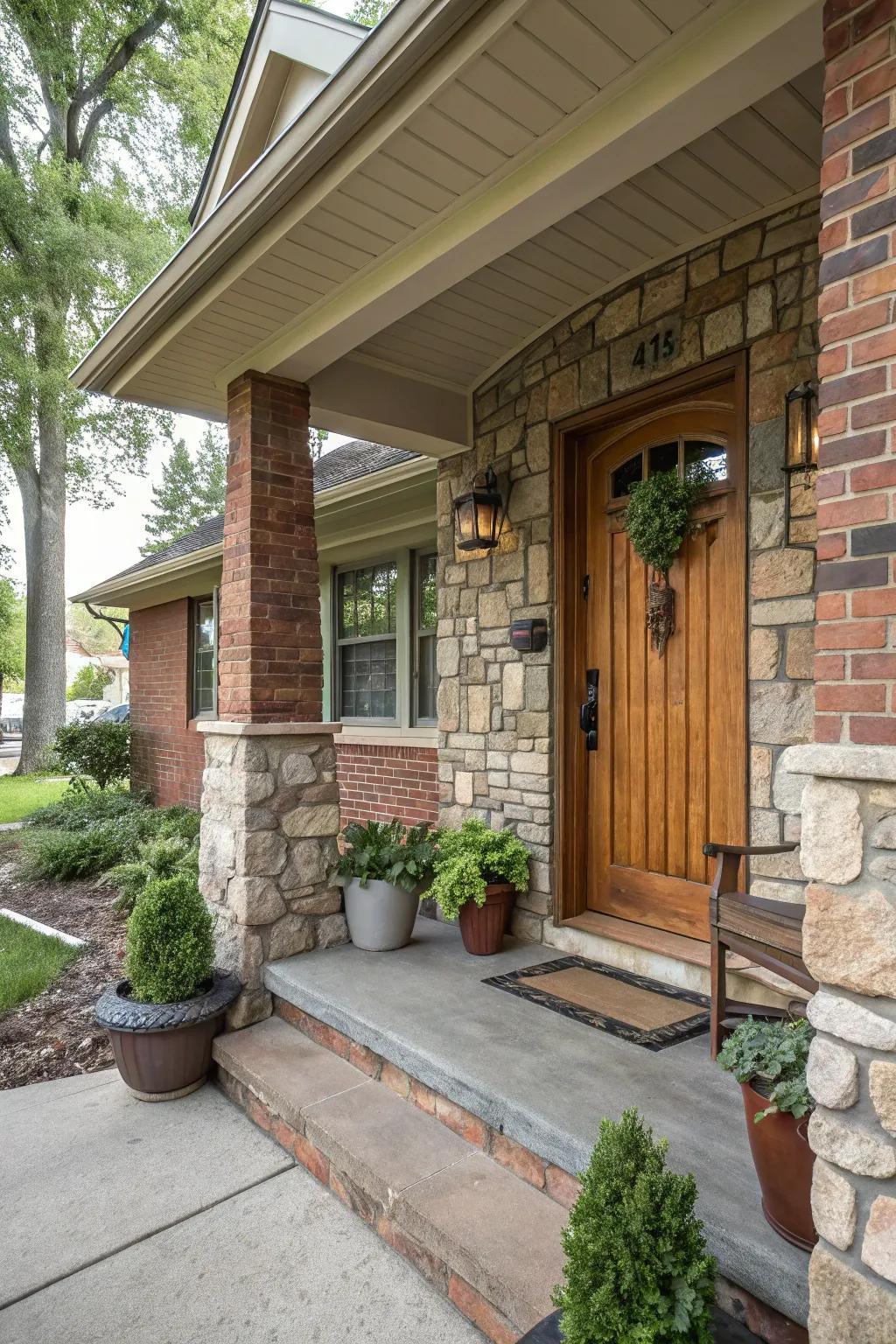 A petite front porch enhanced by tactile stone and brick elements.