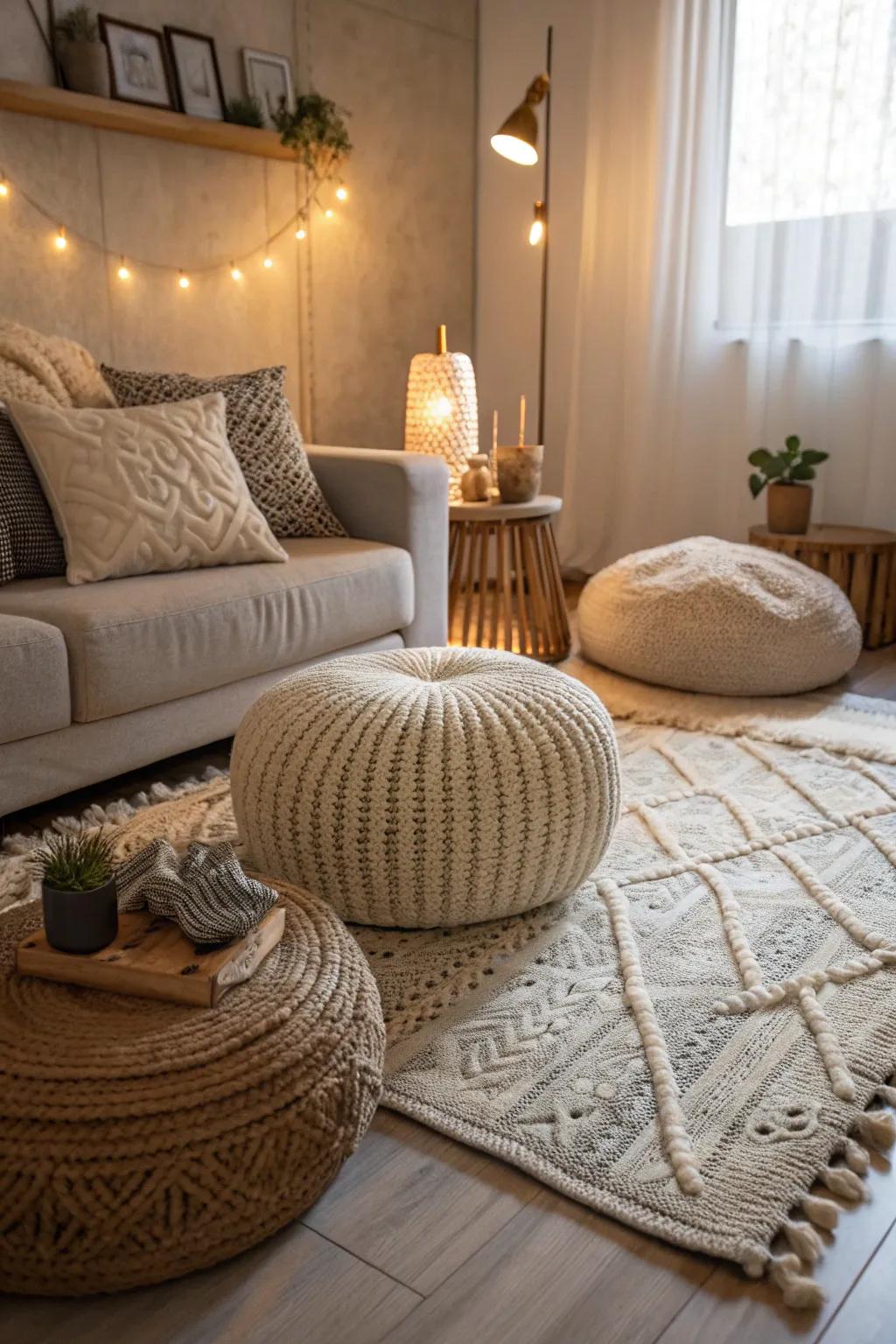 A streamlined, contemporary living space showcasing textured rugs and cushions to impart supplemental warmth.