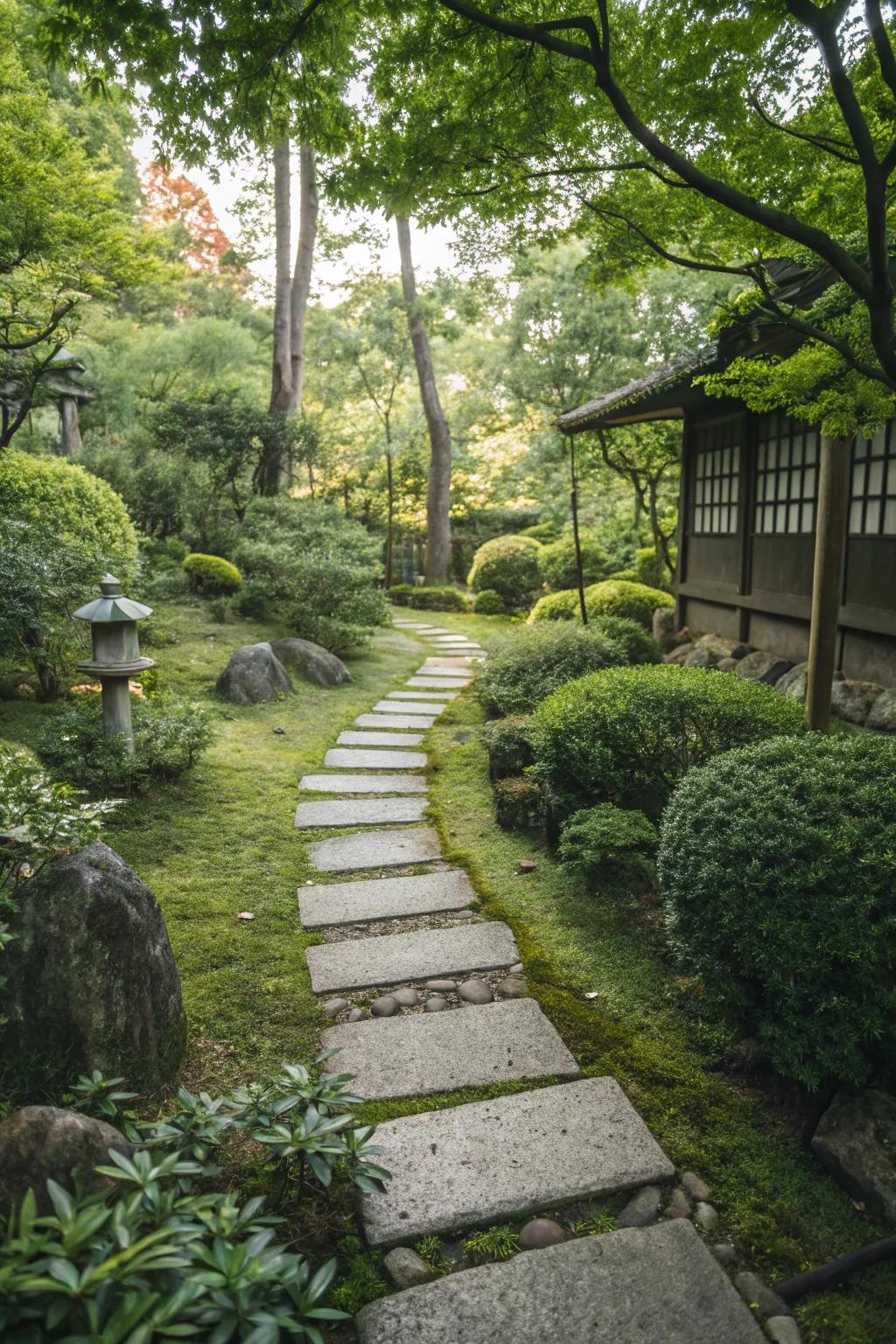 Stone pavers elegantly defining walkways in a small garden.