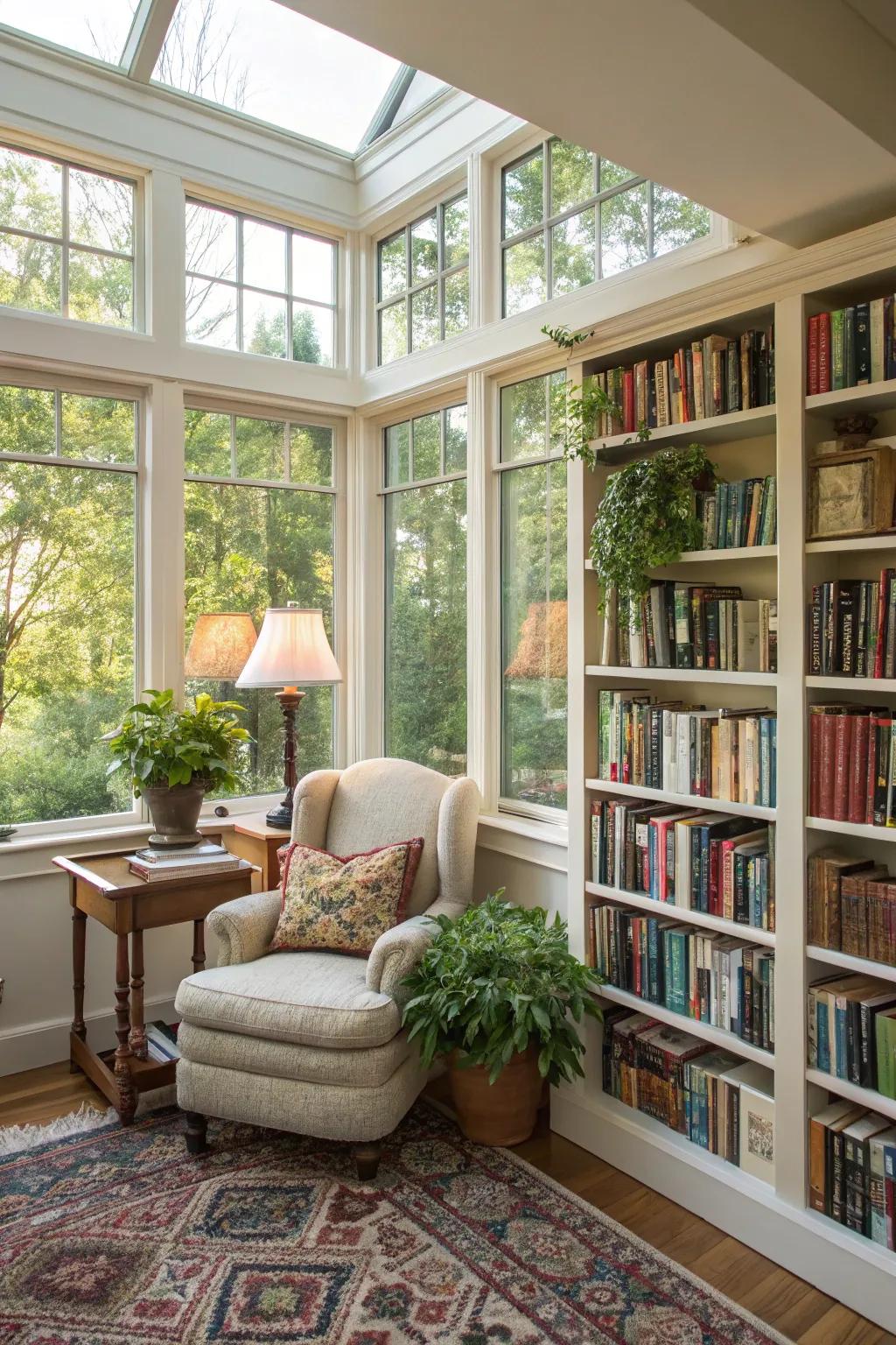 A cozy reading nook in a sunroom, ideal for book lovers.