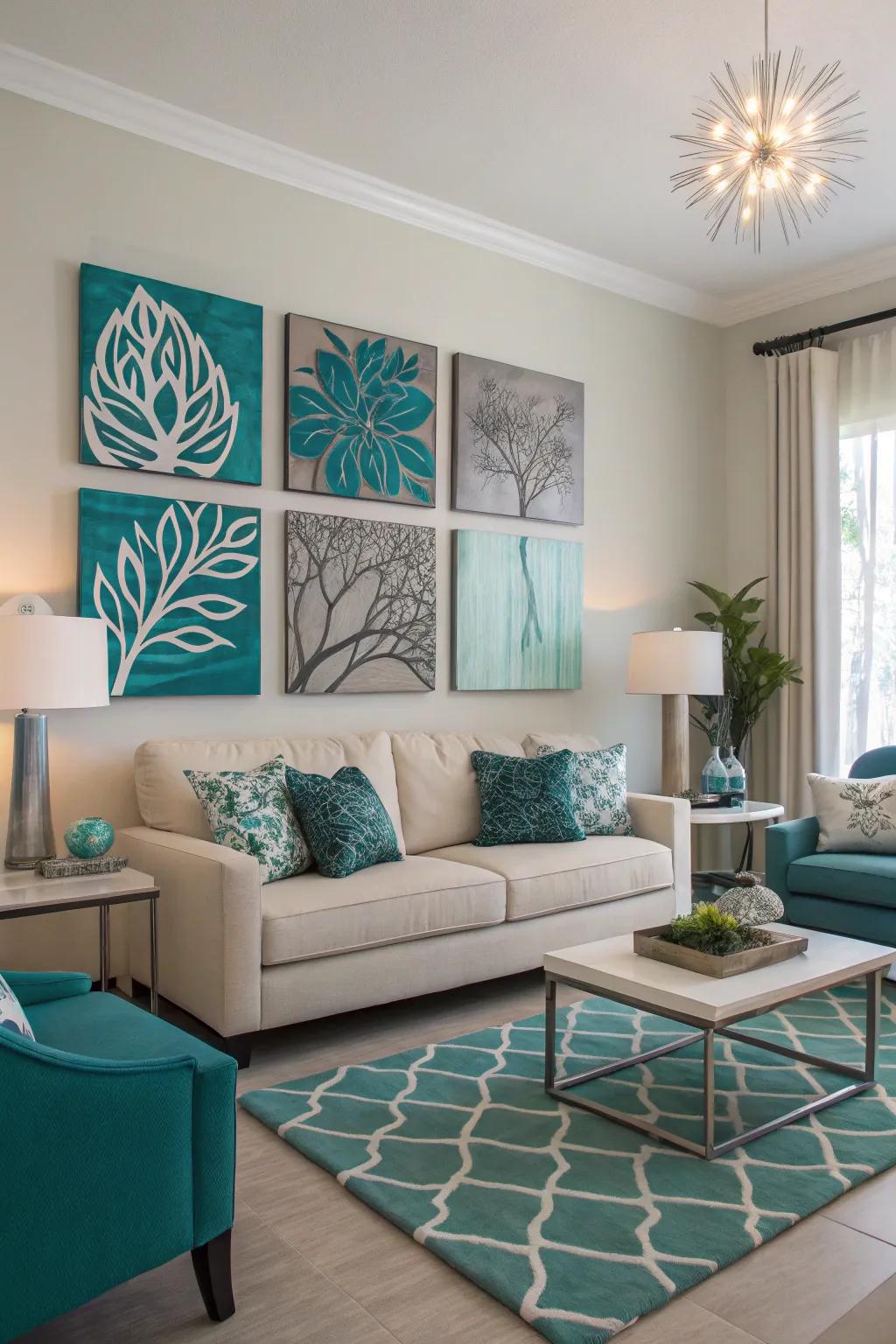 Artwork in sea-green and gray brings cohesion to the living room's design.