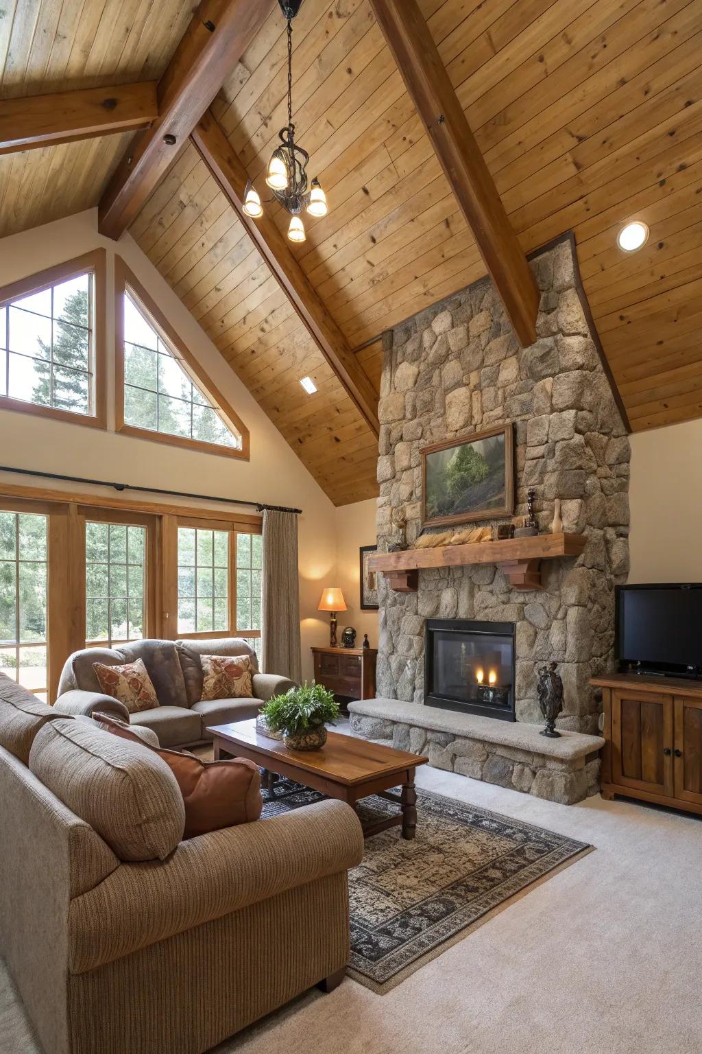 Layered textures infuse dimension and richness into this vaulted ceiling living area.