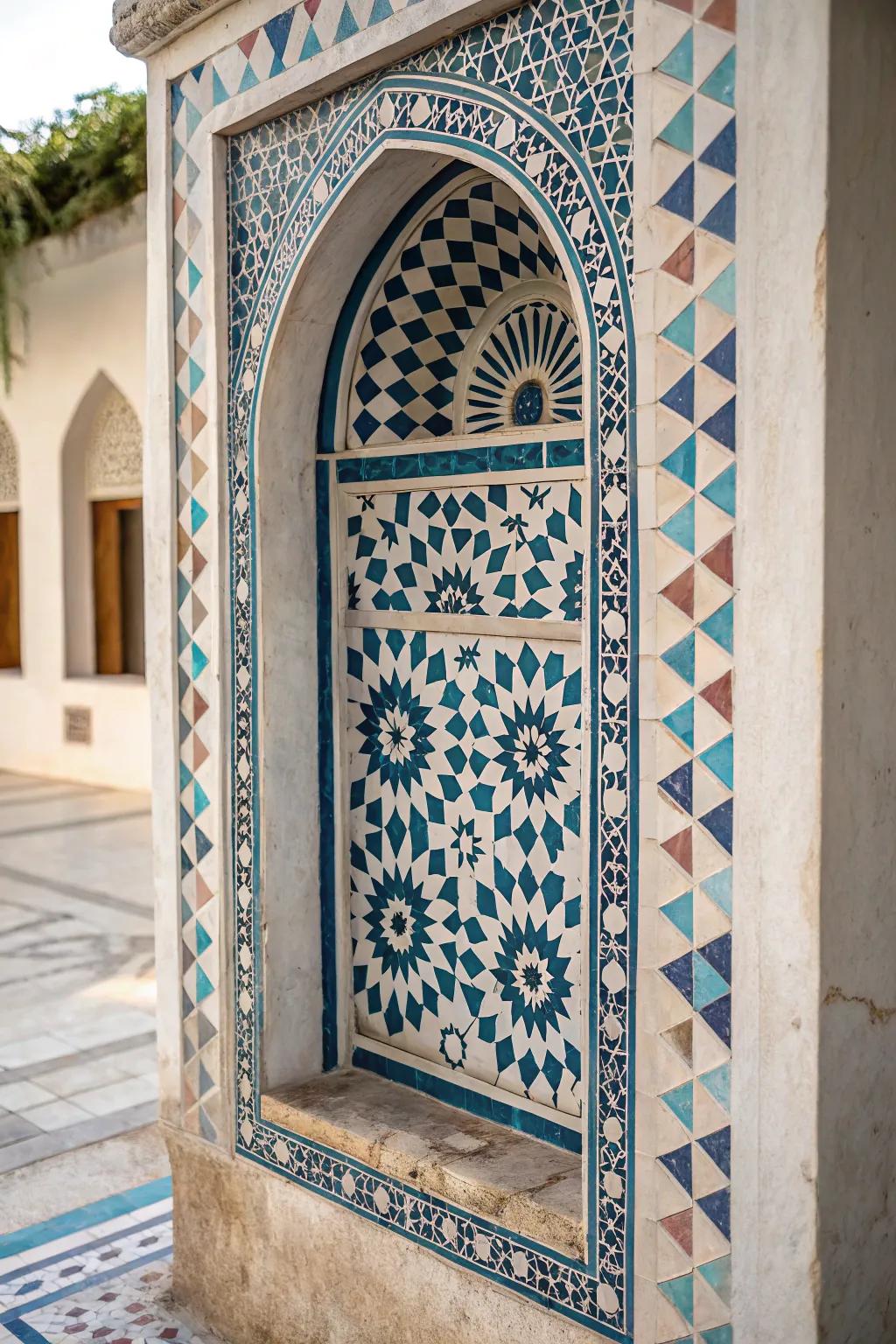 A wall niche featuring a striking geometric pattern design.