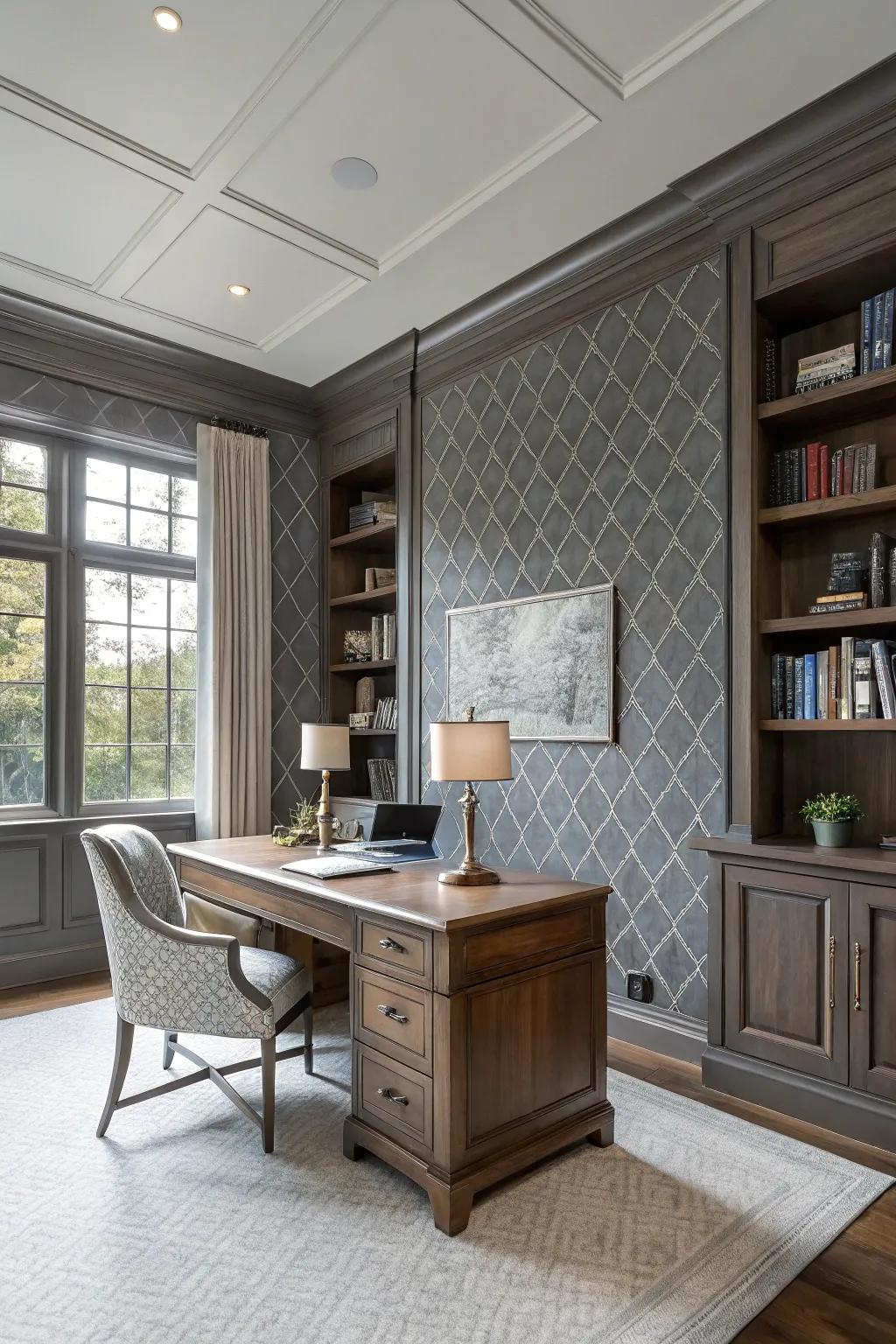 Single-tone wallcovering creates a sophisticated home office.
