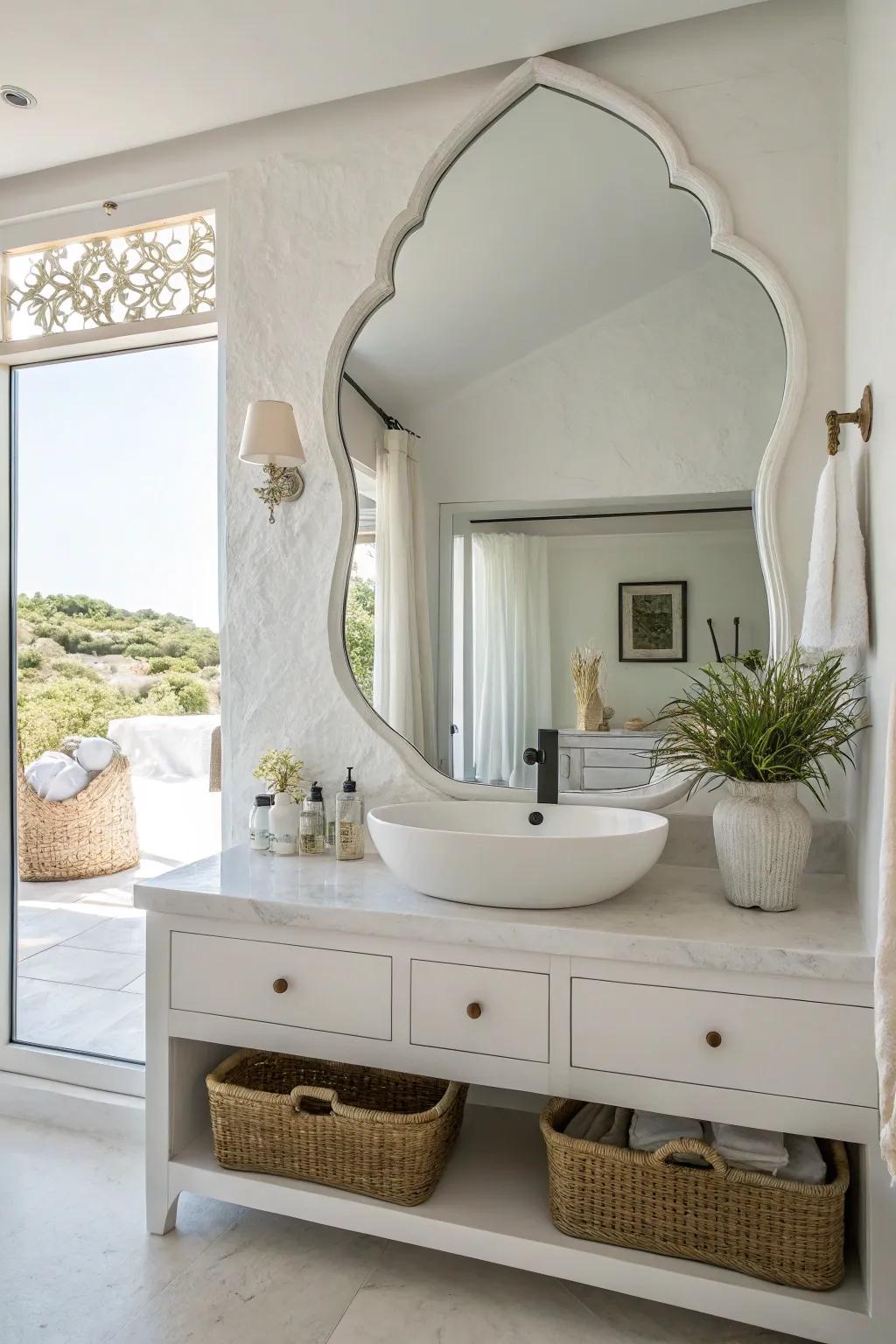 Expansive mirrors enhance light and dimension.