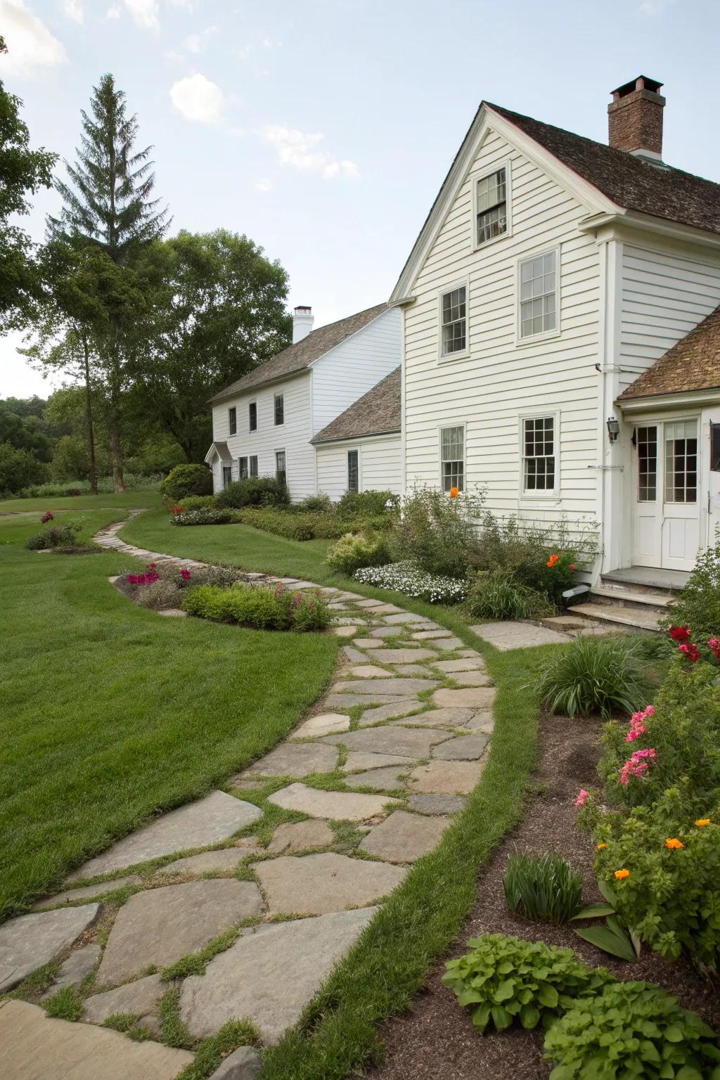 A white siding house with beautifully landscaped garden paths.