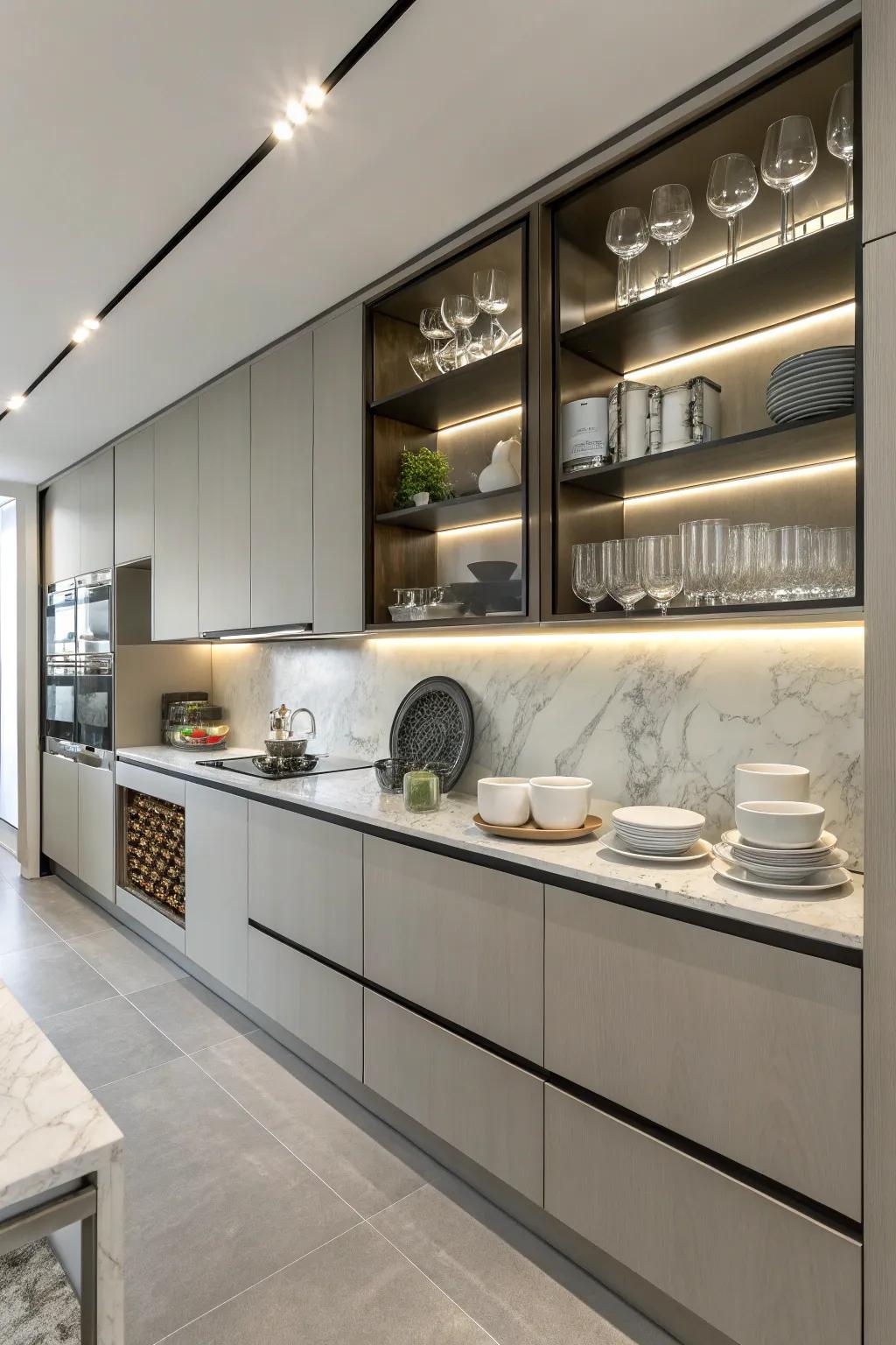 Establish an open and inviting atmosphere using stylish shelving.