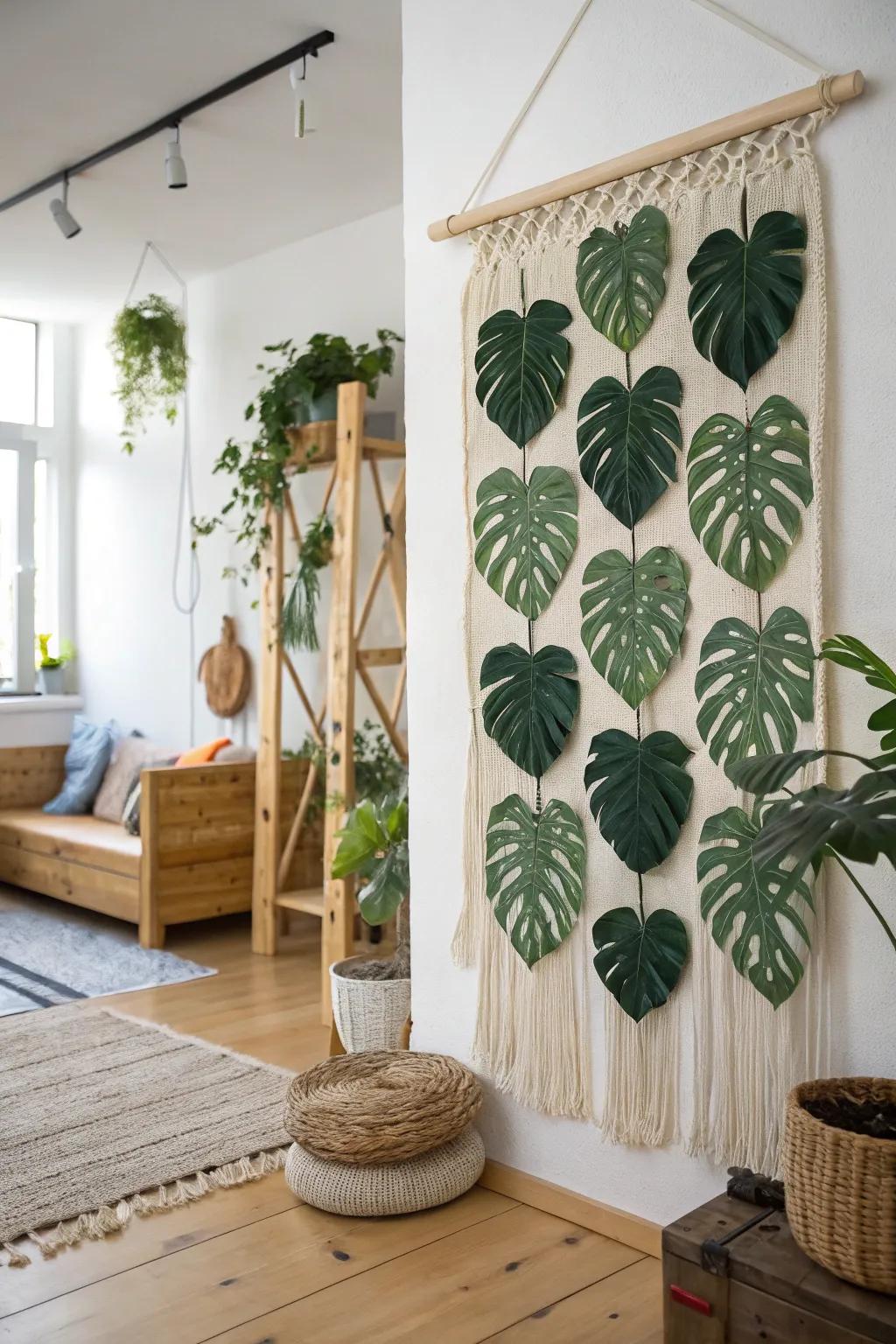 A do-it-yourself studio wall hanging made of faux split-leaf philodendron fronds.
