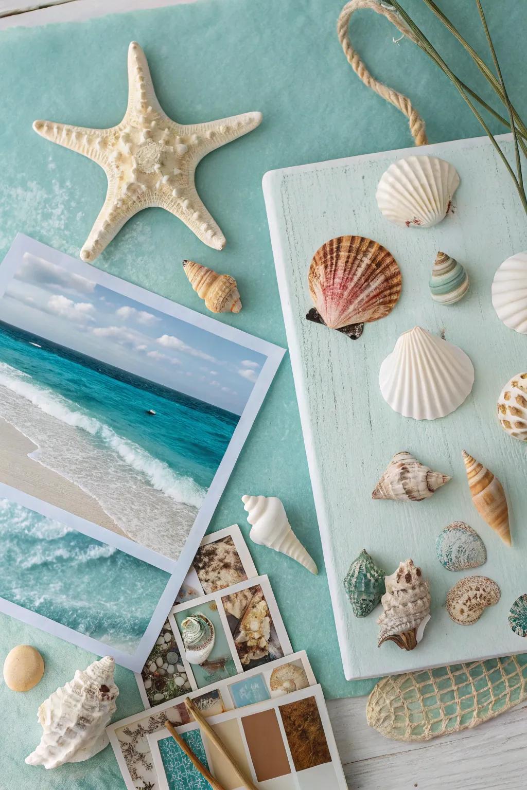 A coastal mood board featuring marine-inspired shades and grainy textures.