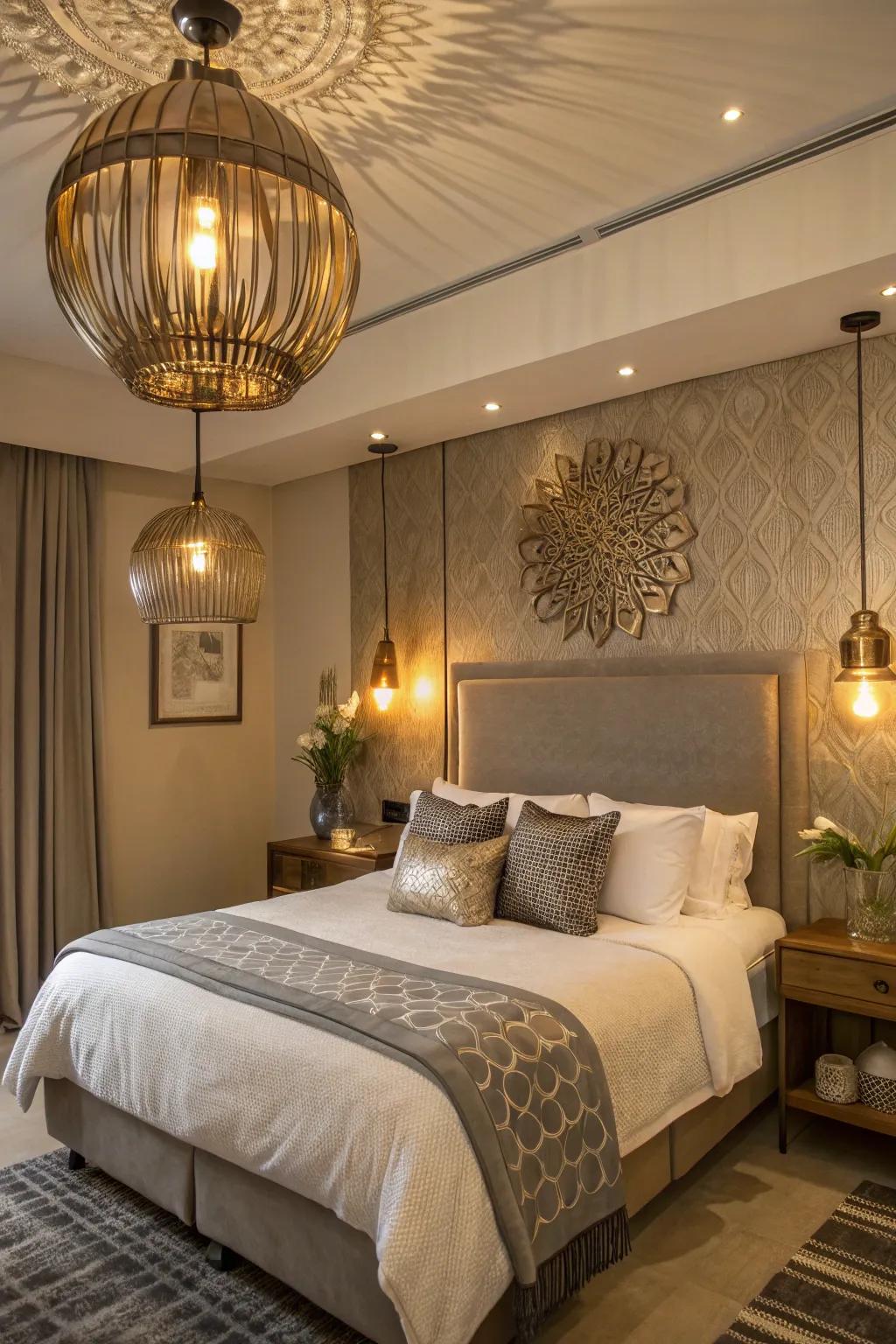 A bedroom with shiny light fixtures and decoration highlights.