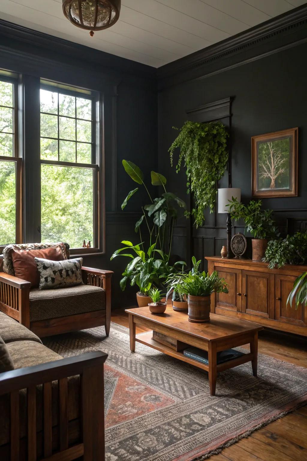 Organic components like wooden furnishings and plants in a shadowy living area.
