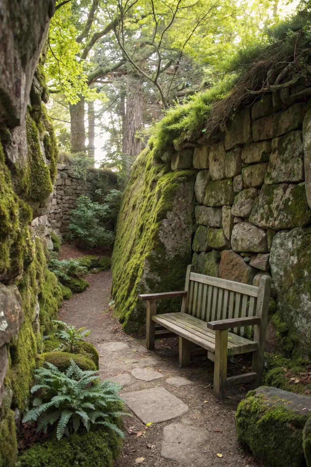 A secret garden retreat hidden behind moss-covered rocks.