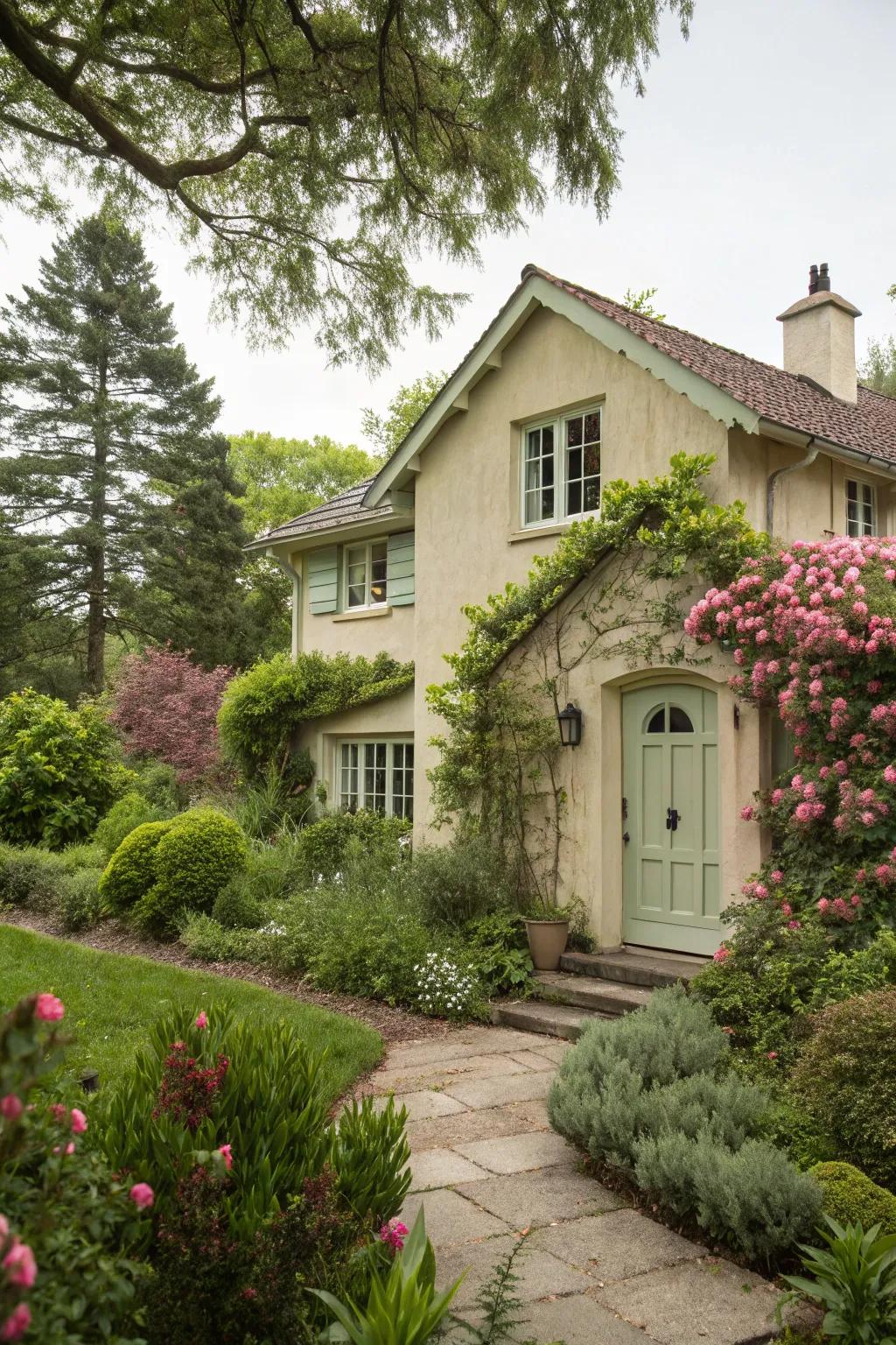 A meadow green entrance gives a serene and natural appearance to a beige house.
