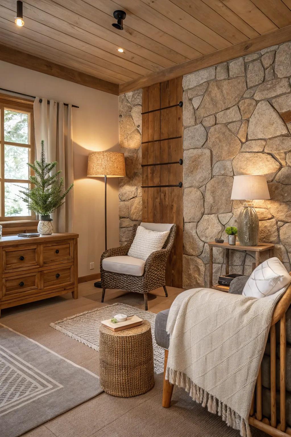 A tranquil room decorated with a soothing natural color scheme.