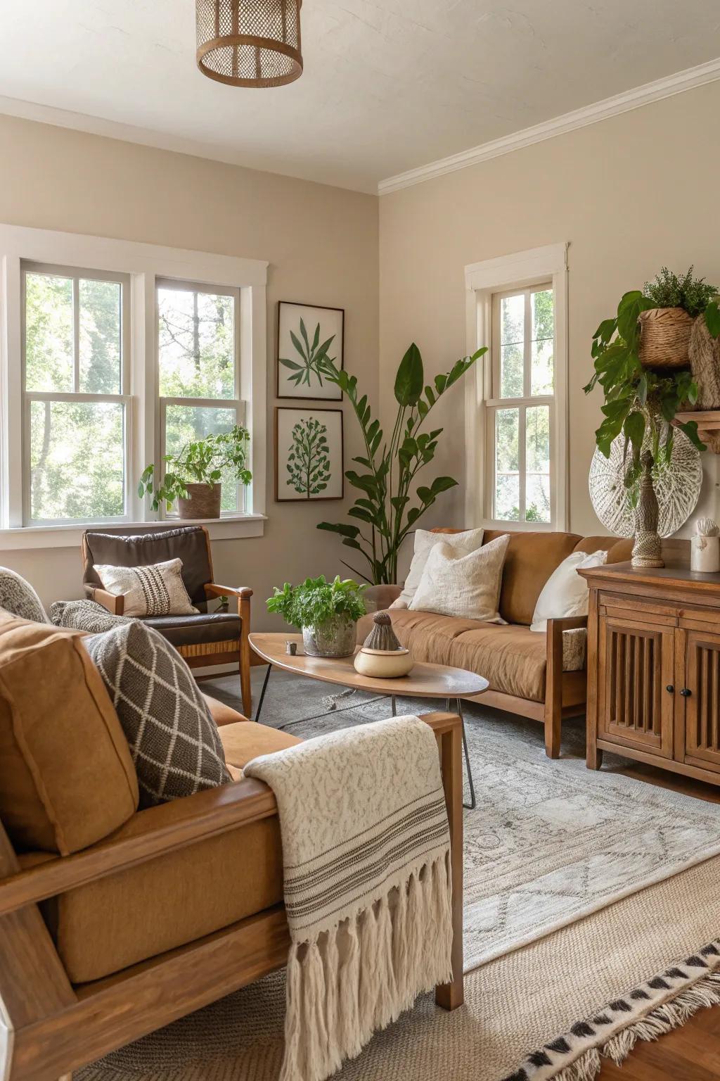 Neutral tones create a serene and balanced living room.