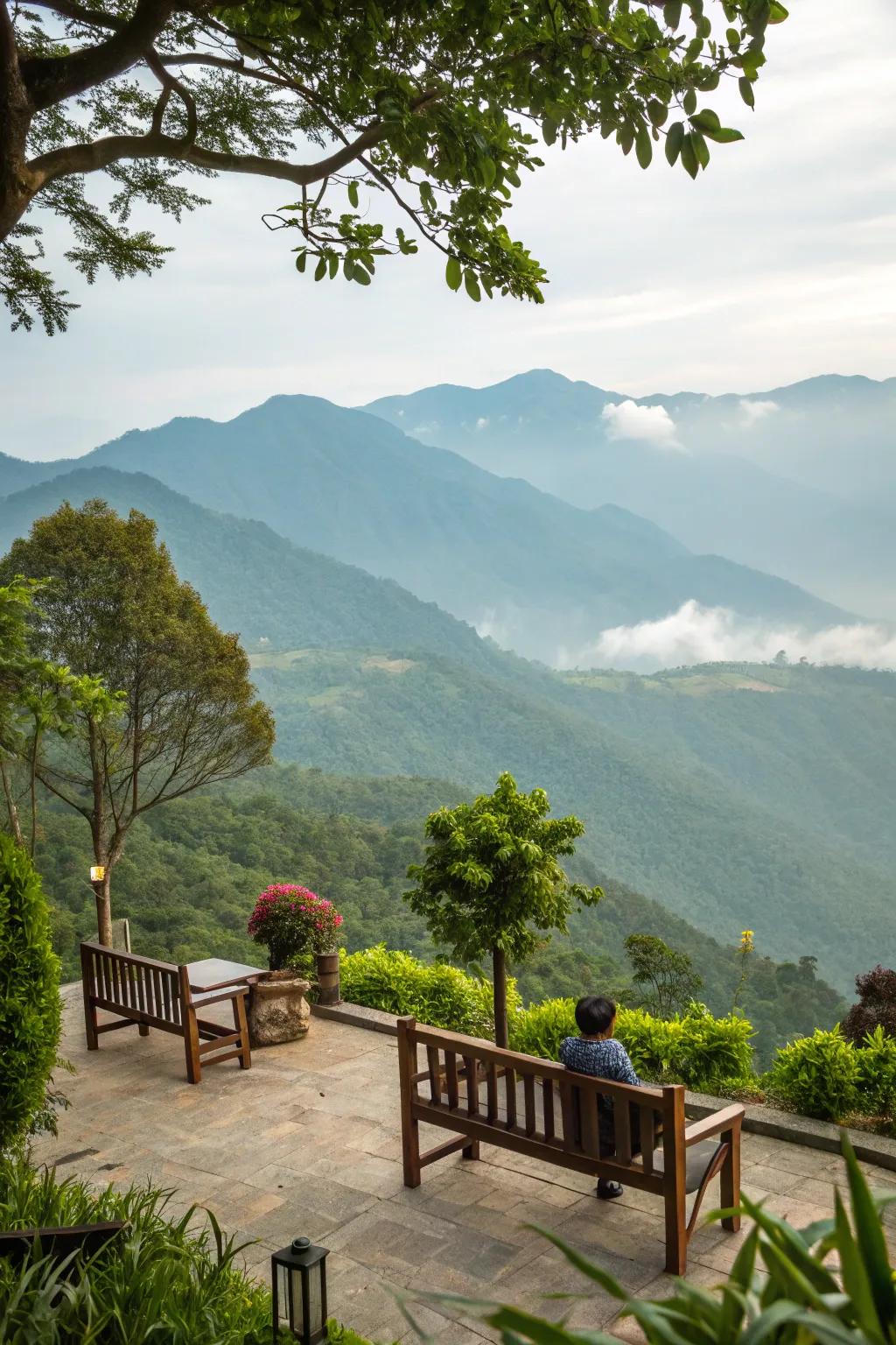 A scenic seating area providing breathtaking views of the mountains.
