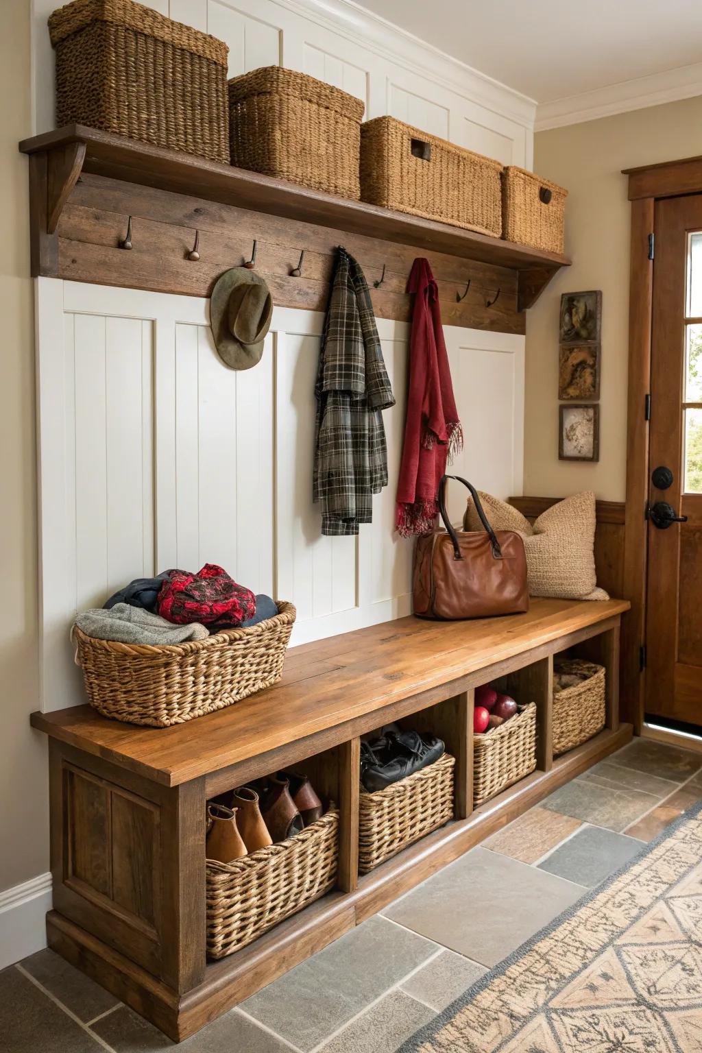 A fashionable mudroom bench featuring ornamental baskets for storage.
