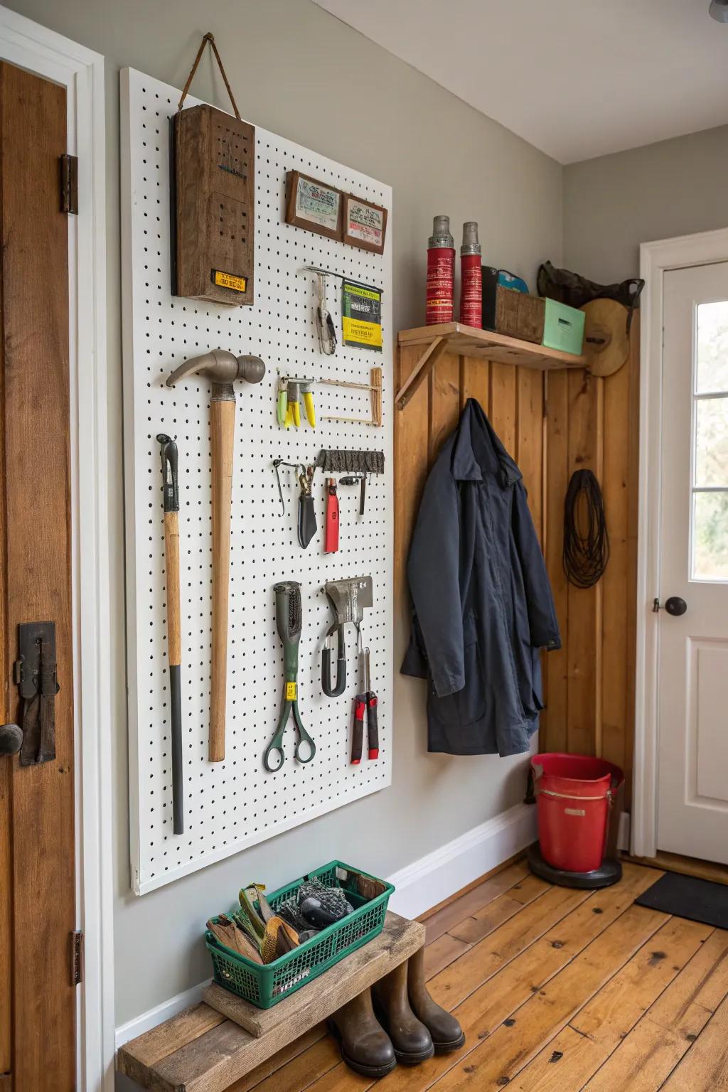 A pegboard delivers adaptable storage options for diverse items.