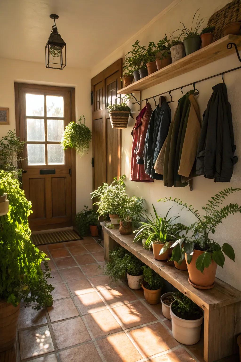 A mudroom is enhanced with potted plants and hanging greenery, creating a fresh atmosphere.