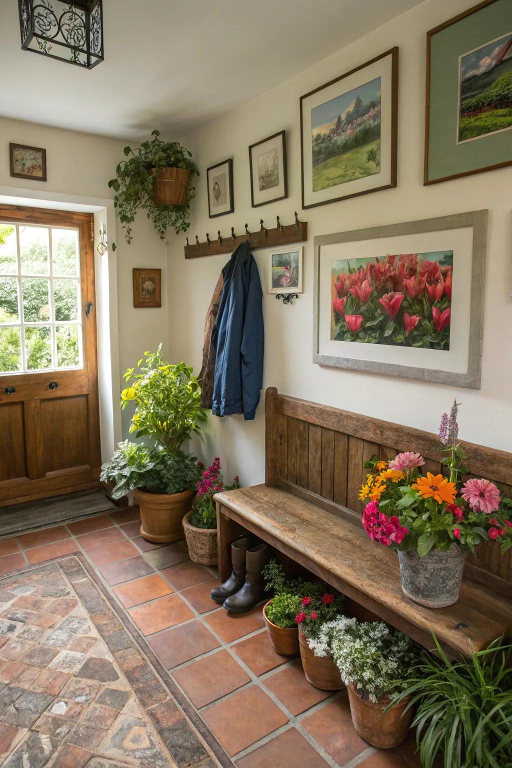 Mudroom adorned with flora and artistic pieces.