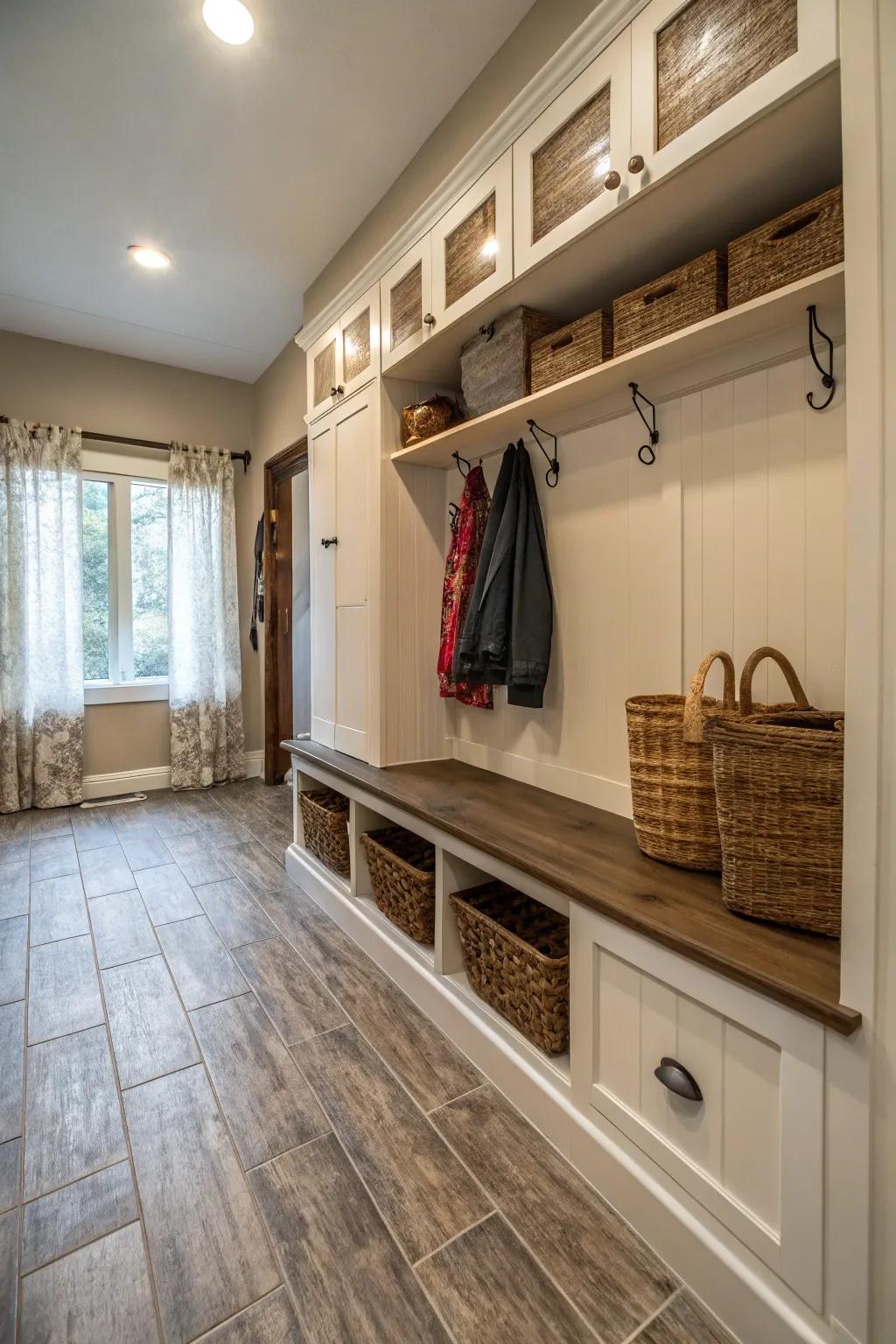 With minimal upkeep, timber-style floor coverings offer warmth.