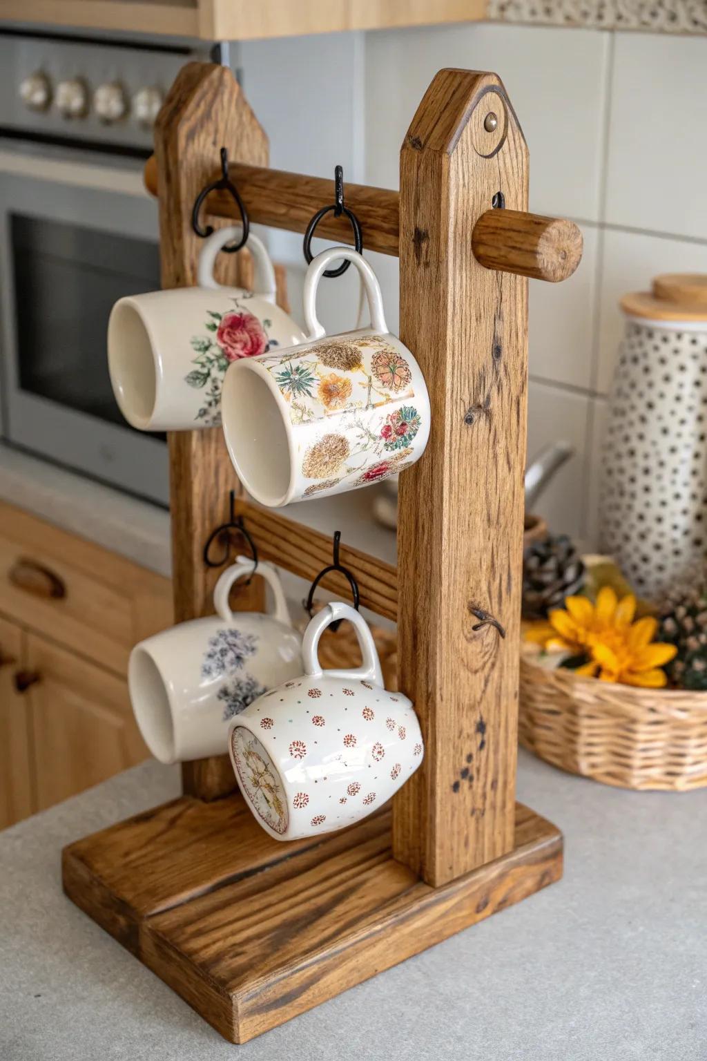 Produce a personal mug exhibit with a DIY holder.