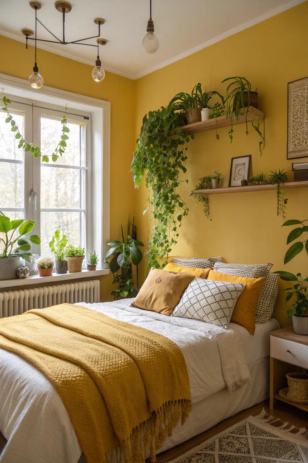 A bedroom using yellow designs and rich green plants.