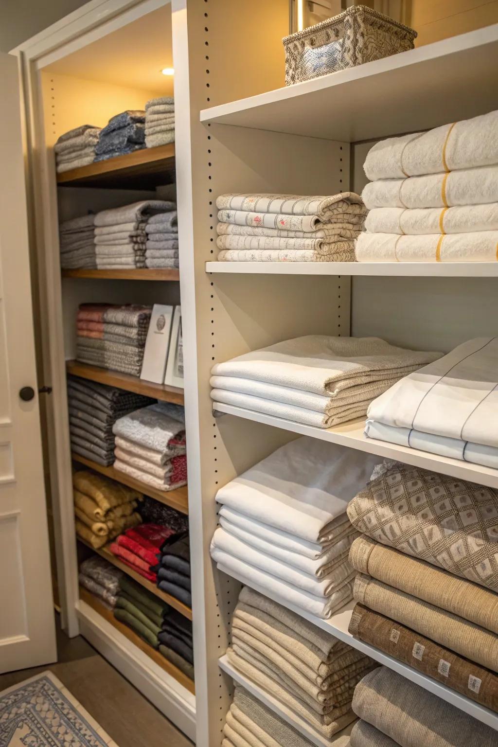 A neatly arranged linen closet provides storage for napkins and other linens.