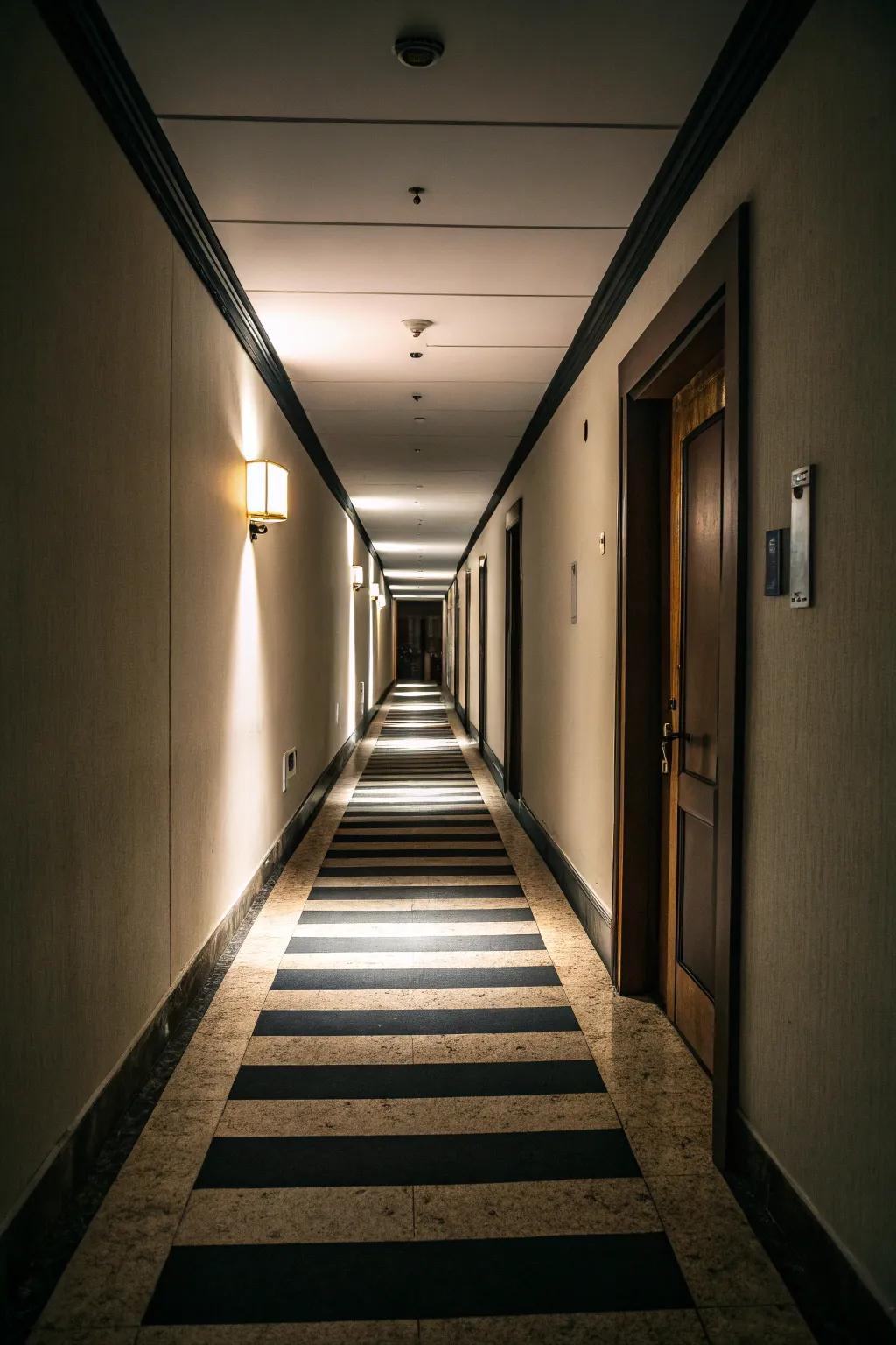 Light and dark shades create a vibrant comparison in narrow hallways.